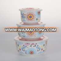 Restaurant Decal aitight food container set of 3 cheap wholesale ceramic lunch box, bowl with lid, ceramic chinese bowl set