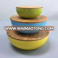 3 piece melamine nesting bowl set with bamboo lid, salad bowl set