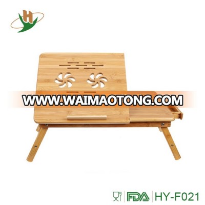 Multifunctional solid wooden computer desk bamboo laptop table with tilting top drawer