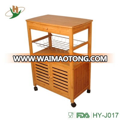 Bamboo wood wire kitchen serving trolley cart with cabinet / drawer / wheels